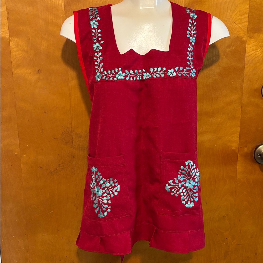 Hand Crafted Red Apron with Blue Embroidery